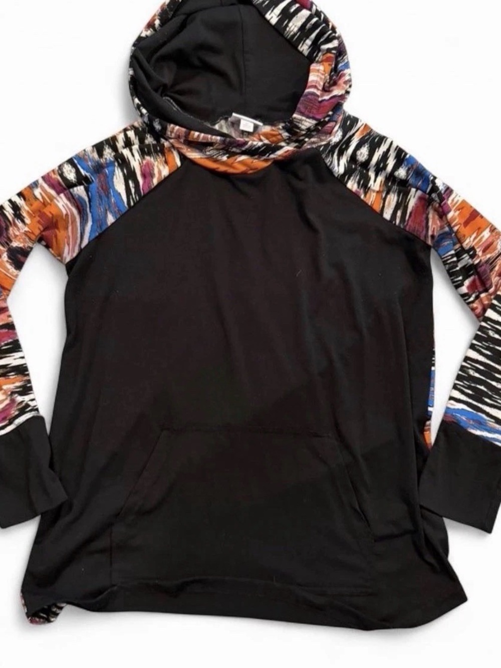 LuLaRoe Black Hoodie with Multicolor Abstract Raglan